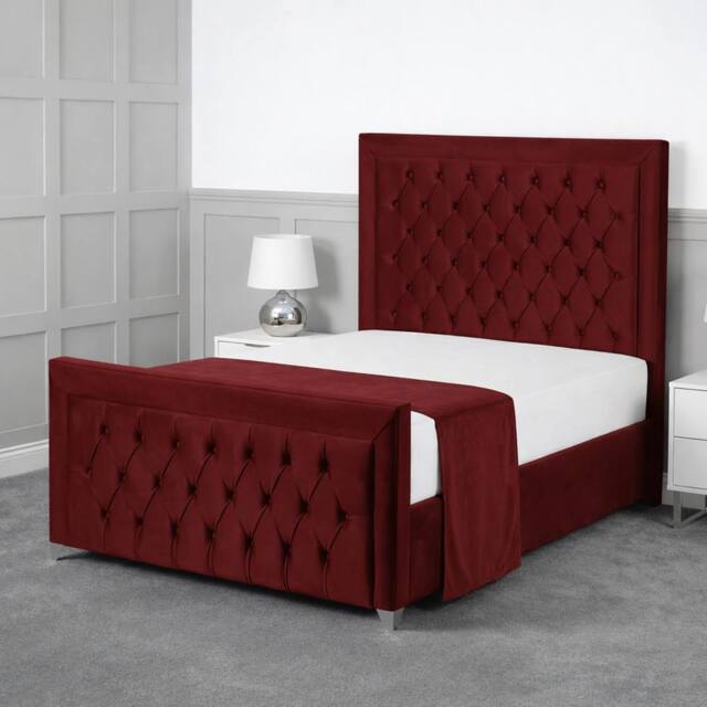 Living Comfort Bedz Ember Plush Velvet Upholstered Bed Slatted Base with 48Inch Headboard in Maroon - Size: Small Double - image 1