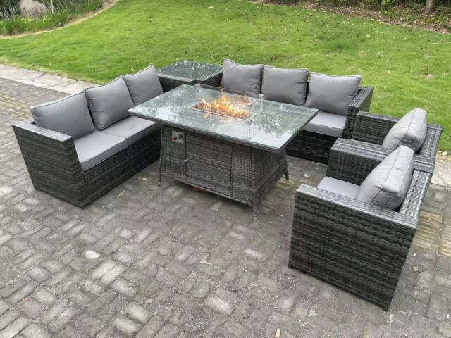 Fimous 8 Seater Outdoor Rattan Gas Fire Pit Table Sets Heater Lounge Chairs in Dark Grey - image 1