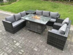 Fimous 8 Seater Outdoor Rattan Gas Fire Pit Table Sets Heater Lounge Chairs in Dark Grey - thumbnail 1