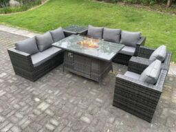 Fimous 8 Seater Outdoor Rattan Gas Fire Pit Table Sets Heater Lounge Chairs in Dark Grey - thumbnail 3