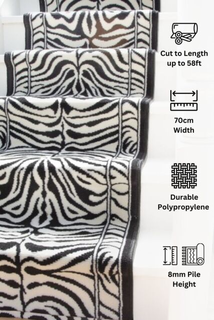 Kukoon Black & White Zebra Print Cut to Measure Stair Carpet Runner Rug 70cm Wide - Size: 70 cm x 1230 cm - image 1