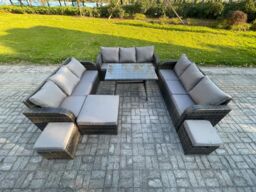 Fimous 12 Seater Wicker Rattan Garden Furniture Set with Rectangular Dining Table 3 Footstools Patio Outdoor Lounge Sofa Set in Dark Grey - thumbnail 2