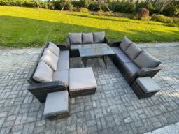 Fimous 12 Seater Wicker Rattan Garden Furniture Set with Rectangular Dining Table 3 Footstools Patio Outdoor Lounge Sofa Set in Dark Grey - thumbnail 1