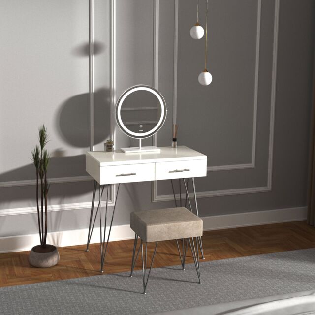CARME HOME Olivia White Dressing Table with Stool Set with Touch Sensor LED Mirror - image 1