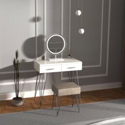 CARME HOME Olivia White Dressing Table with Stool Set with Touch Sensor LED Mirror - thumbnail 1
