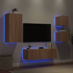 Berkfield Home Decorative 4 Piece TV Wall Cabinets with LED Lights Sonoma Oak in Light Tan - thumbnail 2