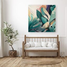 "Warren Reed - Designer Abstract Tropical Leaves Canvas in Green - Size: W16"" x H16""" - thumbnail 3