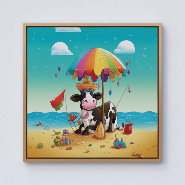"Warren Reed - Designer Cow On A Beach Holiday Framed Canvas in Light Brown - Size: W30"" x H30""" - image 1