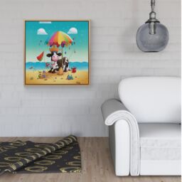 "Warren Reed - Designer Cow On A Beach Holiday Framed Canvas in Light Brown - Size: W30"" x H30""" - thumbnail 2