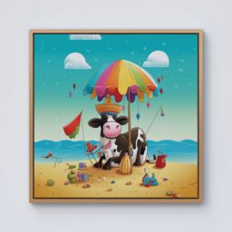 "Warren Reed - Designer Cow On A Beach Holiday Framed Canvas in Light Brown - Size: W30"" x H30""" - thumbnail 1