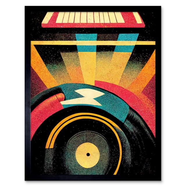 "Artery8 Wall Art Print Retro Record Player DJ Decks Turntable Abstract Art Framed in Black - Size: W12"" x H16""" - image 1