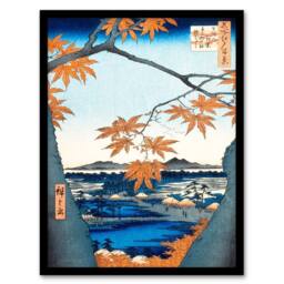 Artery8 Hiroshige Framed Wall Art Maple Trees Tekona Shrine & Linked Bridge in Orange - Size: A4 - thumbnail 1