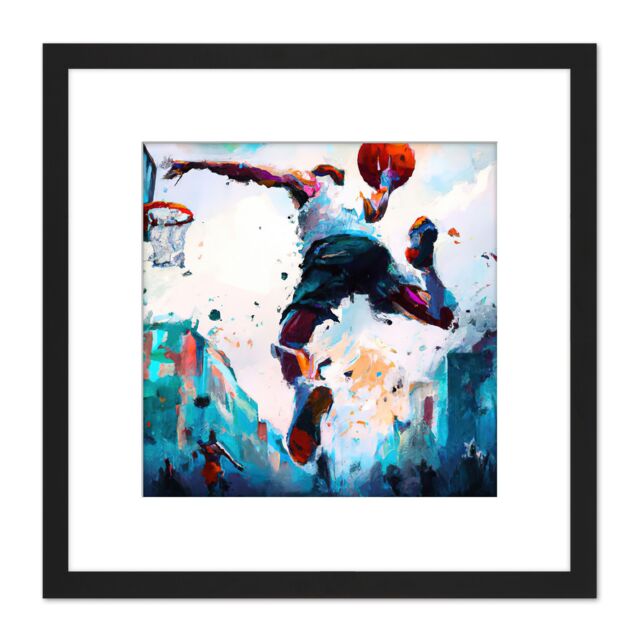Artery8 City Basketball Slam Dunk Sport Splatter Watercolour Painting Teal Orange Square Wooden Framed Wall Art Print Picture 8X8 Inch in Black - image 1
