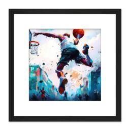 Artery8 City Basketball Slam Dunk Sport Splatter Watercolour Painting Teal Orange Square Wooden Framed Wall Art Print Picture 8X8 Inch in Black - thumbnail 1
