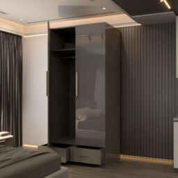 Sliding Wardrobes 4U High Gloss 2-Door Wardrobe with Mirror & Drawers W90 x H200cm x D50cm in Grey - thumbnail 2