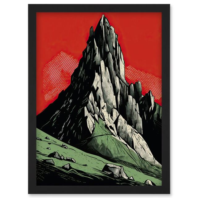 Artery8 Tryfan Mountain Peak Bold Linocut Illustration Artwork Framed Wall Art Print A4 in Black - image 1
