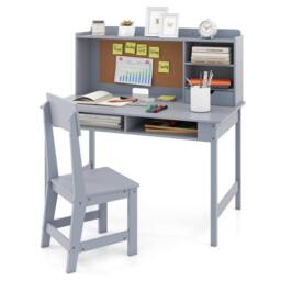 CASART Kids Study Table & Chair Set Wooden Table & Chair w/ Hutch & Shelves in Grey - thumbnail 4
