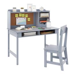 CASART Kids Study Table & Chair Set Wooden Table & Chair w/ Hutch & Shelves in Grey - thumbnail 2