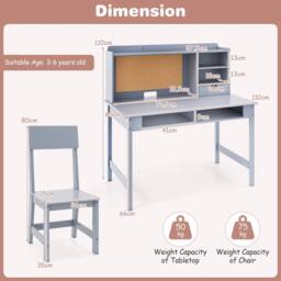 CASART Kids Study Table & Chair Set Wooden Table & Chair w/ Hutch & Shelves in Grey - thumbnail 3