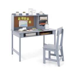 CASART Kids Study Table & Chair Set Wooden Table & Chair w/ Hutch & Shelves in Grey - thumbnail 8