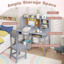 CASART Kids Study Table & Chair Set Wooden Table & Chair w/ Hutch & Shelves in Grey - thumbnail 5