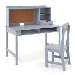 CASART Kids Study Table & Chair Set Wooden Table & Chair w/ Hutch & Shelves in Grey - thumbnail 9
