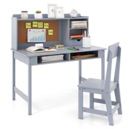 CASART Kids Study Table & Chair Set Wooden Table & Chair w/ Hutch & Shelves in Grey - thumbnail 7