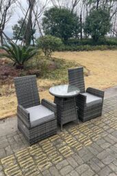 Fimous Outdoor PE Wicker Rattan Reclining Chair & Table Set Dining Sets 2 Seat Bistro Set in Dark Grey - thumbnail 5
