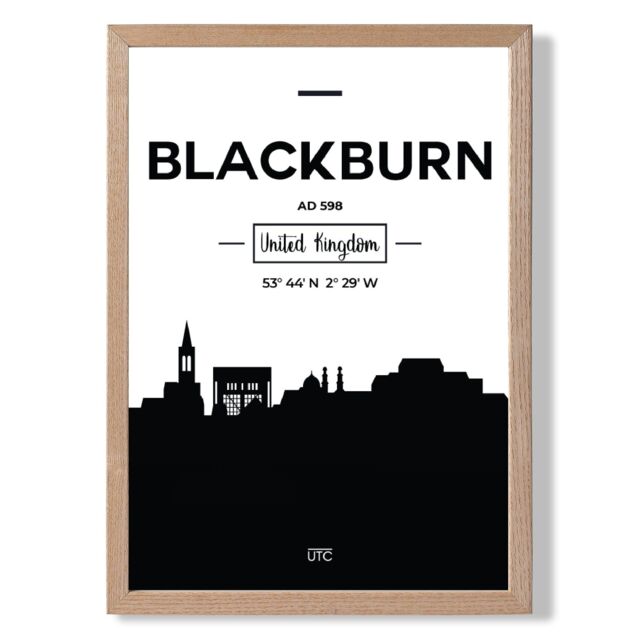 ARTZE Blackburn Black & White City Skyline Framed Print SIZE: A3 with Oak Frame - Size: A4 - image 1