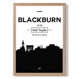 ARTZE Blackburn Black & White City Skyline Framed Print SIZE: A3 with Oak Frame - Size: A4 - thumbnail 1