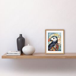 "Artery8 Wall Art Print Puffin Bird Portrait Folk Artwork Framed 9X7 Inch in Beige - Size: W7"" x H9""" - thumbnail 2