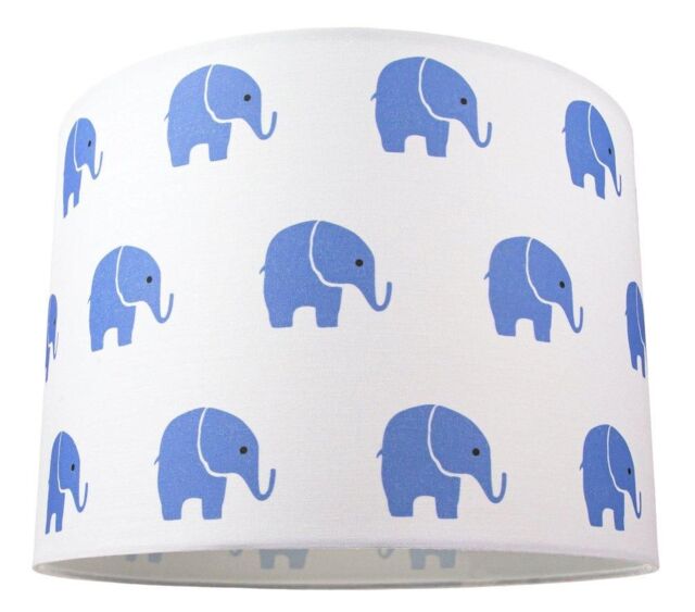 Happy Homewares Blue Elephants Little Ones/Kids White Cotton Fabric Bedroom Lamp or Pendant Shade - Size: 10 inches - image 1
