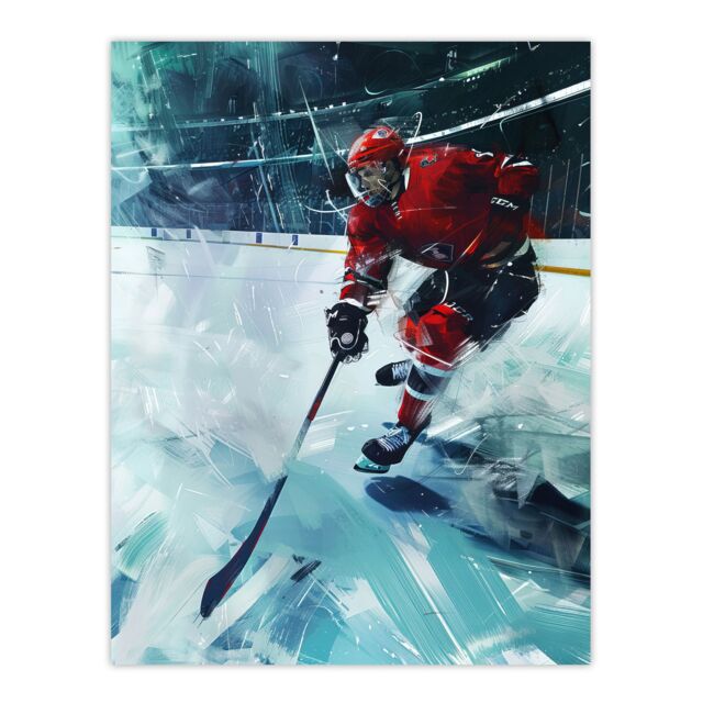 "Artery8 Ice Hockey Player in Game Oil Painting Stadium Wall Art Print in Blue - Size: W24"" x H32""" - image 1
