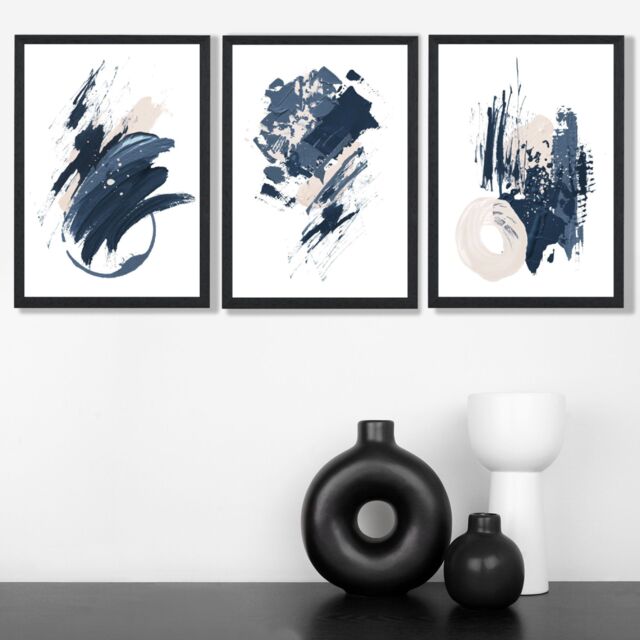 ARTZE Set of 3 Blue Abstract Minimal Wall Art Prints / Size: A3 / Black Frame in Dark Blue - Size: W53 cm x H53 cm x D20mm - image 1