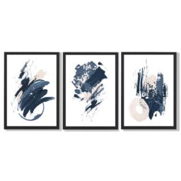 ARTZE Set of 3 Blue Abstract Minimal Wall Art Prints / Size: A3 / Black Frame in Dark Blue - Size: W53 cm x H53 cm x D20mm - thumbnail 2
