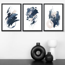 ARTZE Set of 3 Blue Abstract Minimal Wall Art Prints / Size: A3 / Black Frame in Dark Blue - Size: W53 cm x H53 cm x D20mm - thumbnail 1