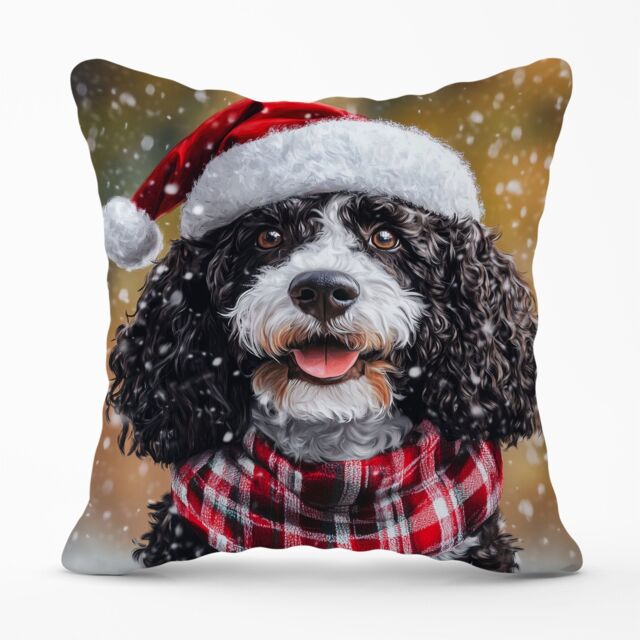 Warren Reed - Designer Christmas Spanish Water Dog Cushion in Black - Size: 45 cm x 45 cm - image 1
