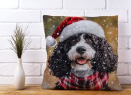 Warren Reed - Designer Christmas Spanish Water Dog Cushion in Black - Size: 45 cm x 45 cm - thumbnail 2