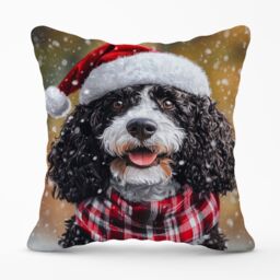 Warren Reed - Designer Christmas Spanish Water Dog Cushion in Black - Size: 45 cm x 45 cm - thumbnail 1