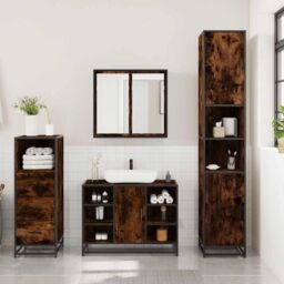 Berkfield Home 3 Piece Bathroom Furniture Set Smoked Oak Engineered Wood in Brown - thumbnail 3