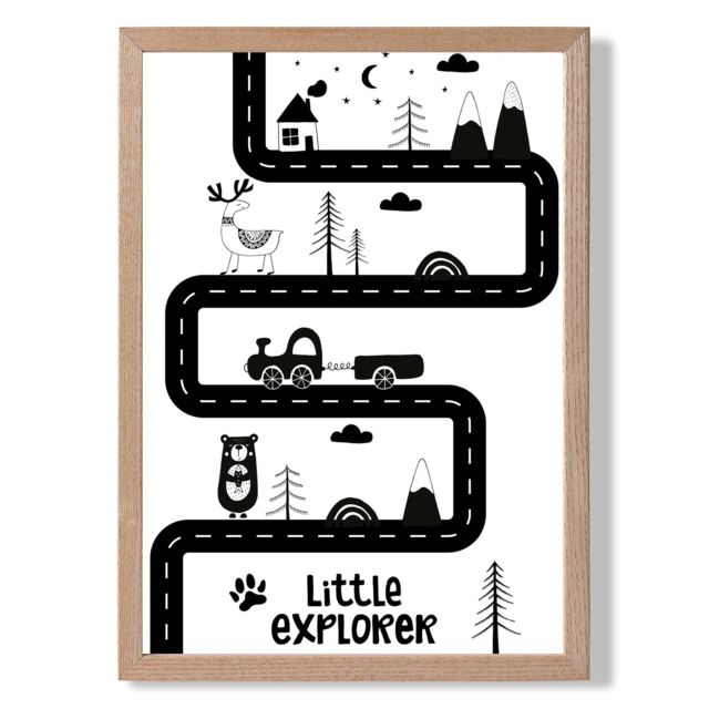 ARTZE Cute Little Explorer Map Scandi Framed Print SIZE: A2 with Oak Frame in Black - Size: A4 - image 1