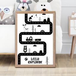 ARTZE Cute Little Explorer Map Scandi Framed Print SIZE: A2 with Oak Frame in Black - Size: A4 - thumbnail 2