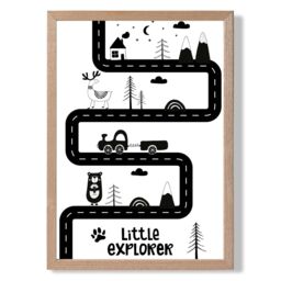 ARTZE Cute Little Explorer Map Scandi Framed Print SIZE: A2 with Oak Frame in Black - Size: A4 - thumbnail 1