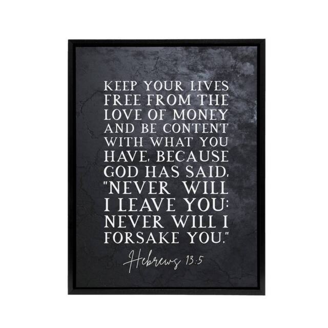 "Artery8 Hebrews 13 5 The Love of Money Bible Quote Framed Canvas Wall Art Print in Grey - Size: W18"" x H24""" - image 1