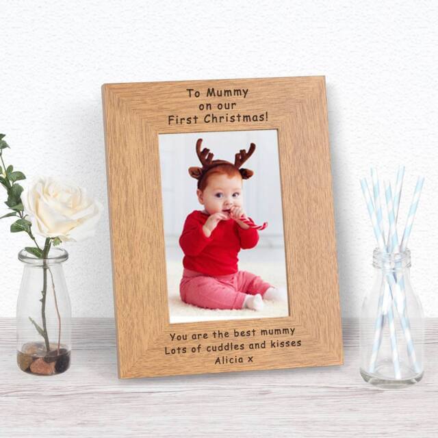 Uniqueful Women's Personalised To Mummy on our First Christmas Wood Picture Frame 6x4 in Brown - image 1