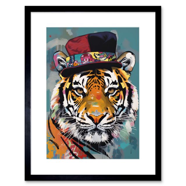 "Artery8 Wall Art Print Tiger Wearing Soft Felt Top Hat Modern Folk Artwork Framed 9X7 Inch in Black - Size: W7"" x H9""" - image 1