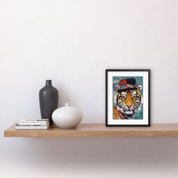 "Artery8 Wall Art Print Tiger Wearing Soft Felt Top Hat Modern Folk Artwork Framed 9X7 Inch in Black - Size: W7"" x H9""" - thumbnail 2