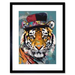 "Artery8 Wall Art Print Tiger Wearing Soft Felt Top Hat Modern Folk Artwork Framed 9X7 Inch in Black - Size: W7"" x H9""" - thumbnail 1