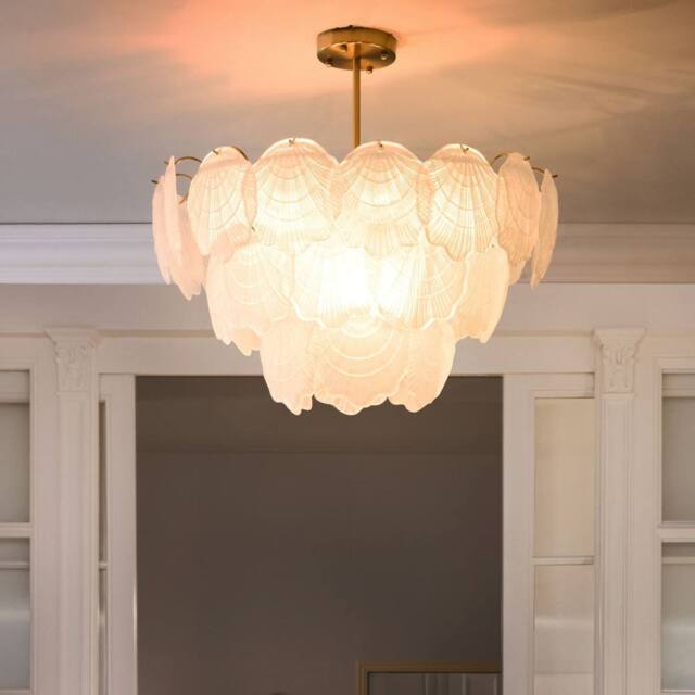 Wyld and Coco Brass Chandelier 60cm Pendant Layered Glass Shells Dining Room in Bronze - image 1