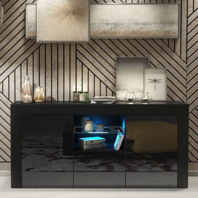 Creative Furniture Aurora Sideboard 145cm - Black with Gloss Doors & LED Lights - image 1